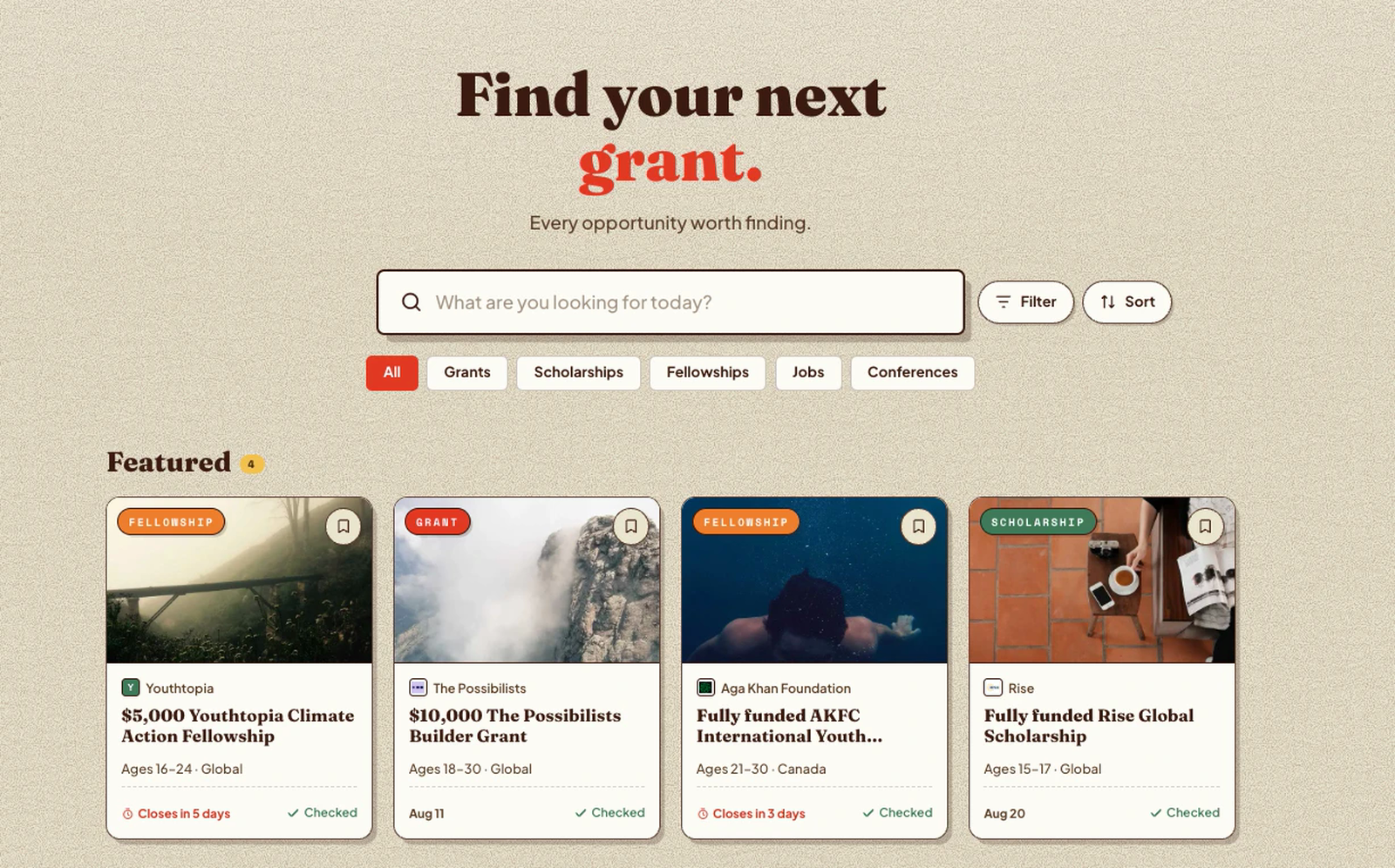 The Leaders of Today platform: a search across grants, scholarships, and fellowships with featured opportunities.